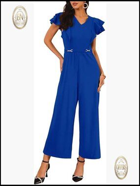 Polyester Jumpsuit with Ruffled Sleeves V-Neck Formal Wide Leg Pants